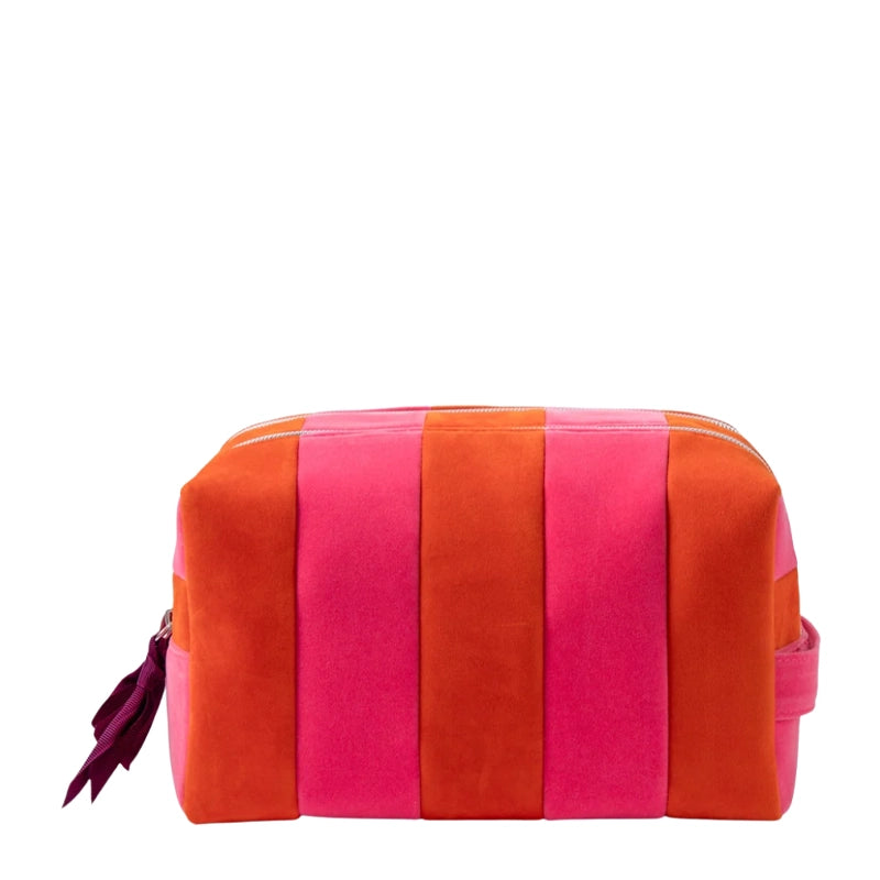 Orange &amp; Pink Stripe Velvet Large Travel Wash Bag - 2 Compartments