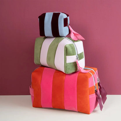 Orange &amp; Pink Stripe Velvet Large Travel Wash Bag - 2 Compartments