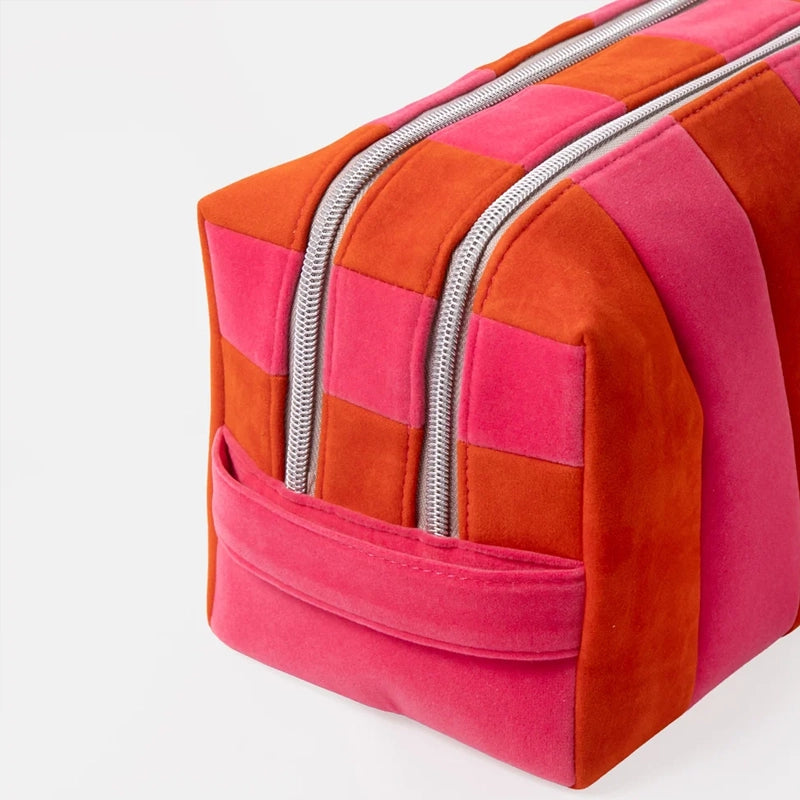 Orange &amp; Pink Stripe Velvet Large Travel Wash Bag - 2 Compartments