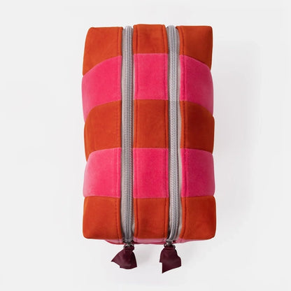 Orange &amp; Pink Stripe Velvet Large Travel Wash Bag - 2 Compartments