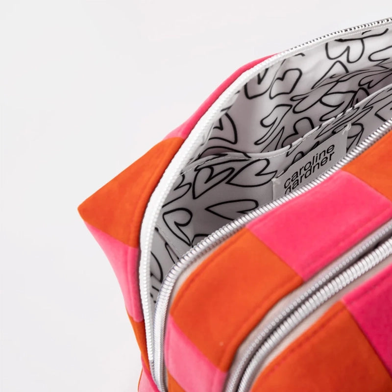 Orange &amp; Pink Stripe Velvet Large Travel Wash Bag - 2 Compartments