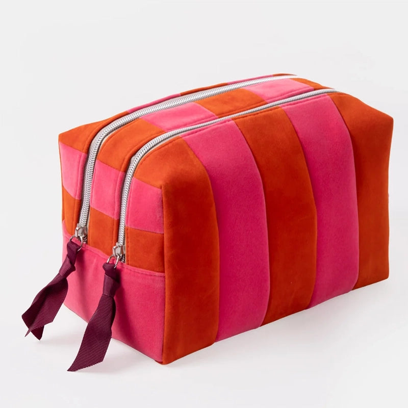 Orange &amp; Pink Stripe Velvet Large Travel Wash Bag - 2 Compartments
