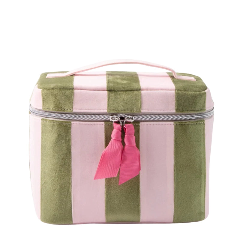 Pink &amp; Green Stripe Velvet Vanity Case - Makeup Organiser