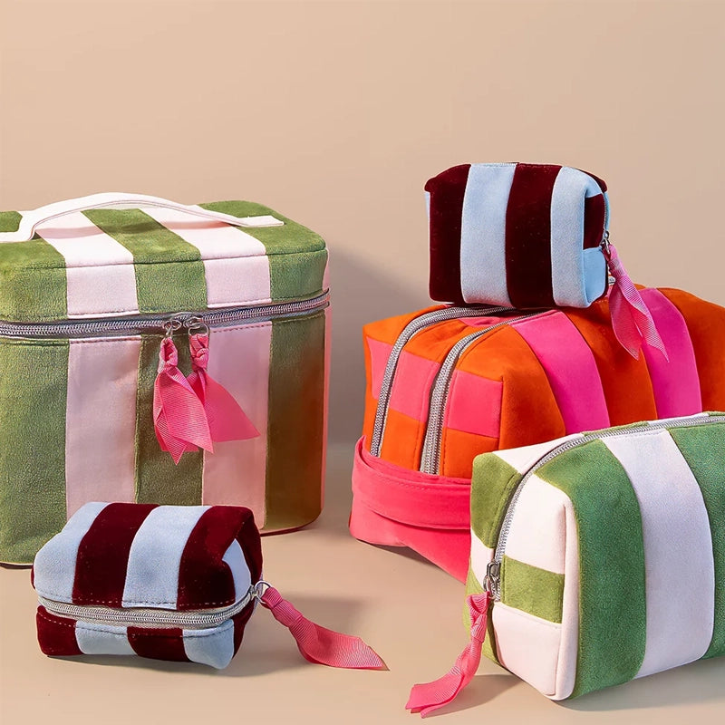 Pink &amp; Green Stripe Velvet Vanity Case - Makeup Organiser