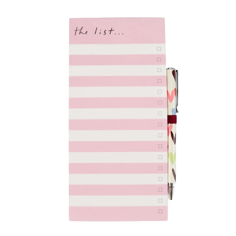 Pink &amp; Green Striped List Pad and Heart Print Pen Set