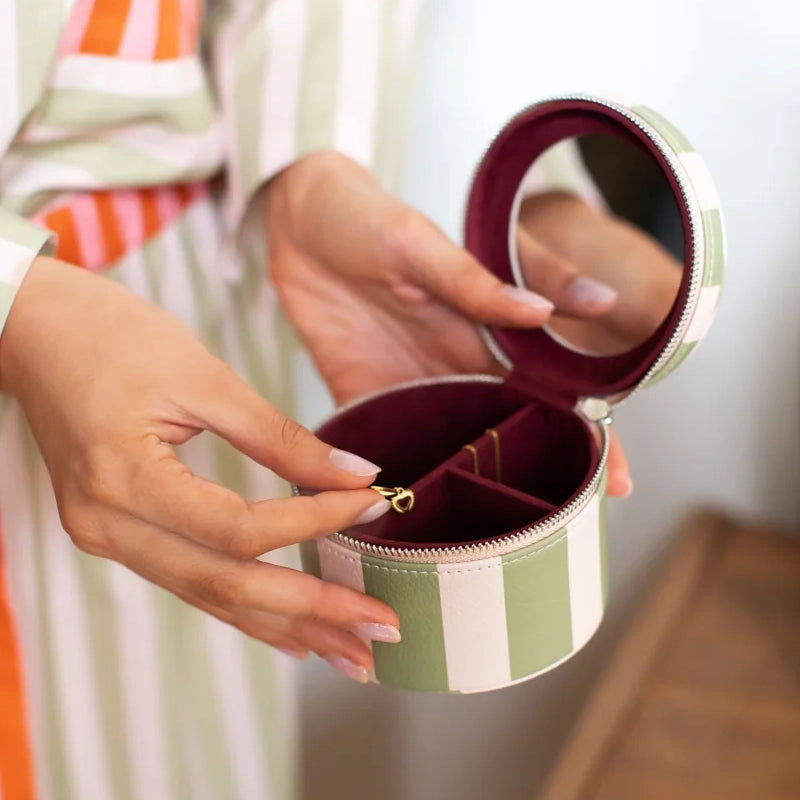 Round Travel Jewellery Box with Mirror - Pink &amp; Green Stripe