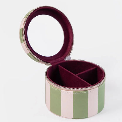 Round Travel Jewellery Box with Mirror - Pink &amp; Green Stripe