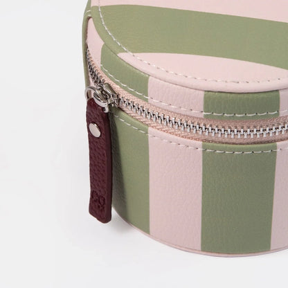 Round Travel Jewellery Box with Mirror - Pink &amp; Green Stripe