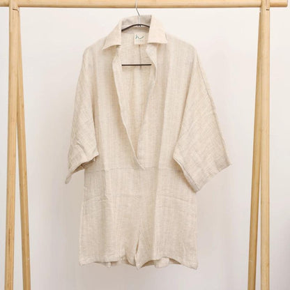 Samanyolu Cotton Linen Summer Short Jumpsuit - Beige