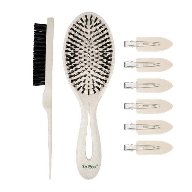 Sleek Hair Styling Set with Backcomb Brush &amp; No-Crease Clips - 8pcs