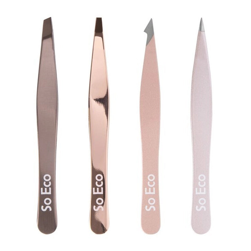Stainless Steel Eyebrow &amp; Lash Tweezer Set - Rose Gold - 4pcs
