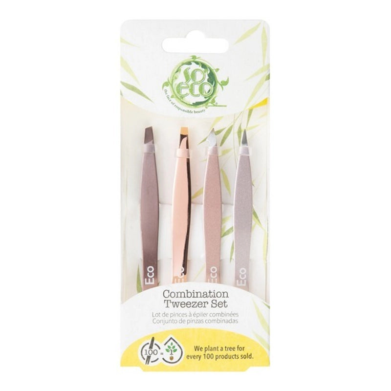 Stainless Steel Eyebrow &amp; Lash Tweezer Set - Rose Gold - 4pcs