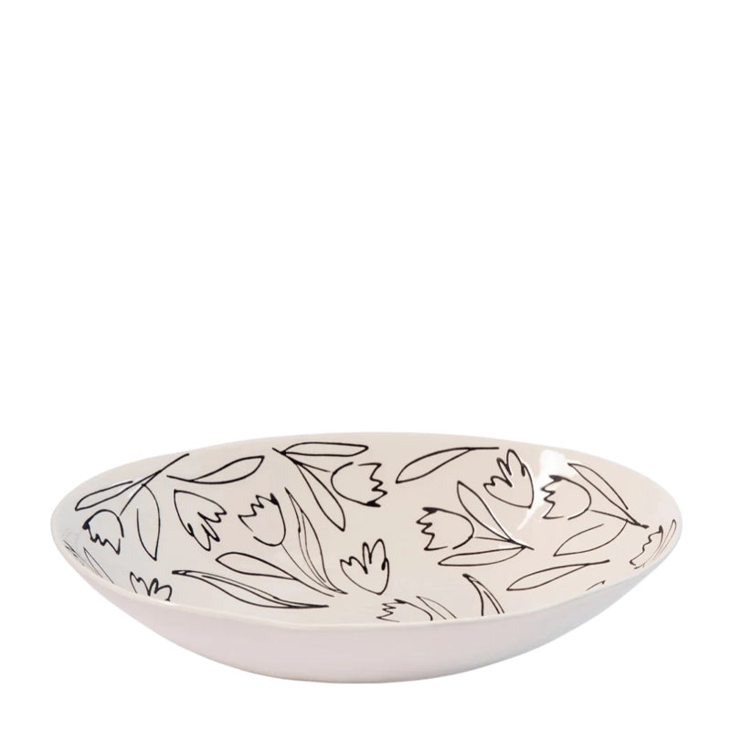 Stoneware Hand-Drawn Floral Oval Serving Dish for Salads &amp; Sides