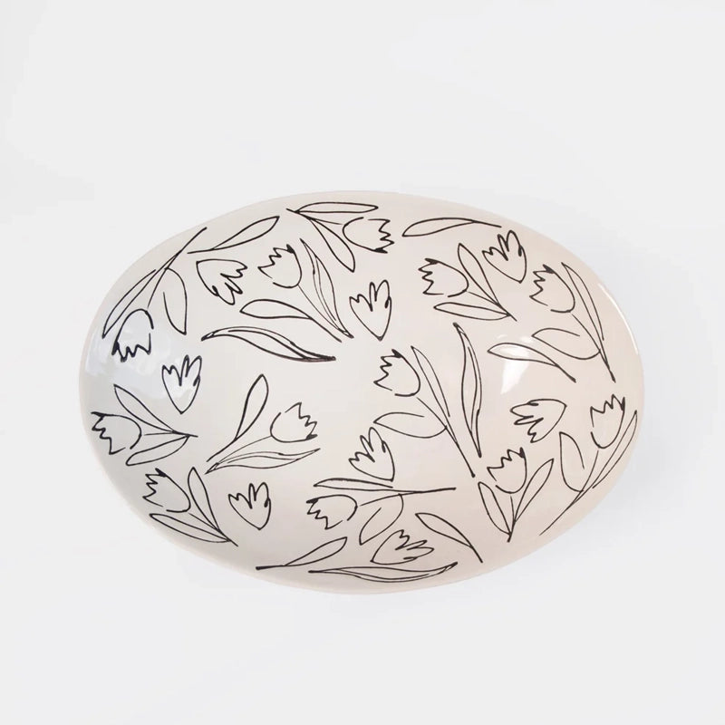 Stoneware Hand-Drawn Floral Oval Serving Dish for Salads &amp; Sides