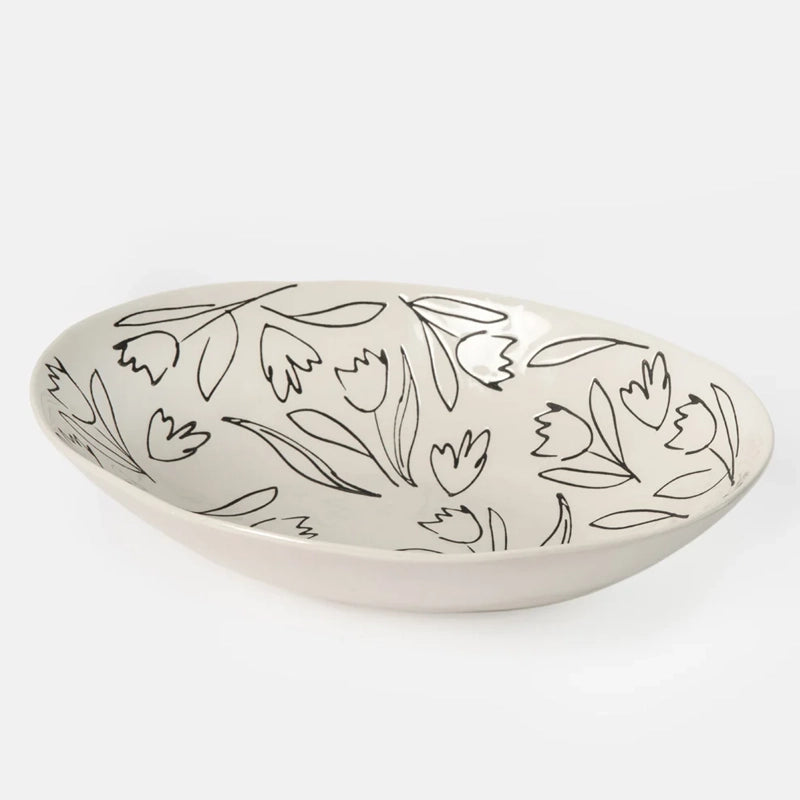 Stoneware Hand-Drawn Floral Oval Serving Dish for Salads &amp; Sides