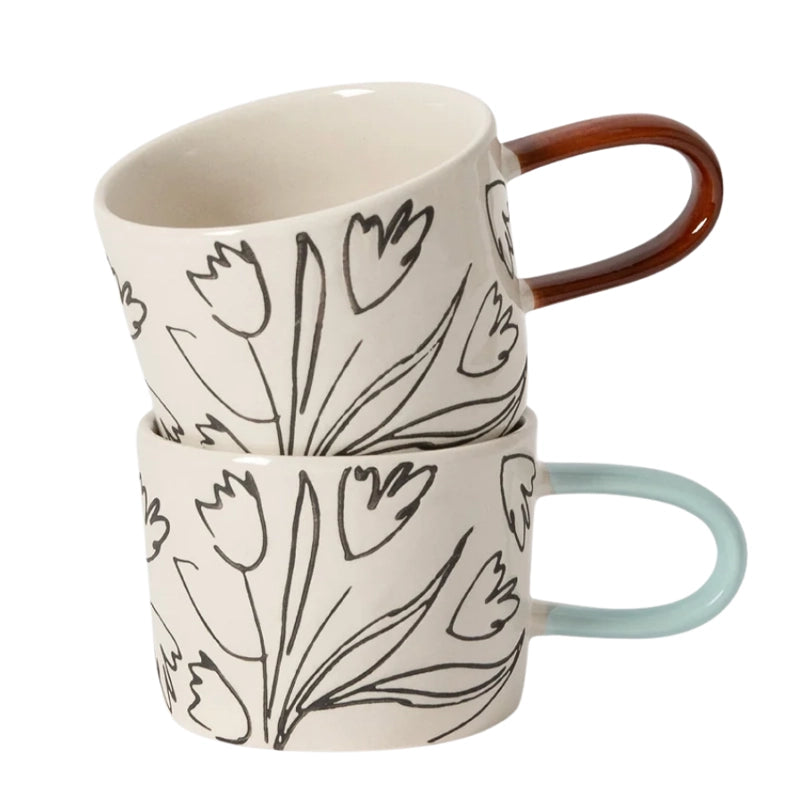 Stoneware Hand-Painted Tulip Mugs for Tea &amp; Coffee - Set of 2 - 250ml