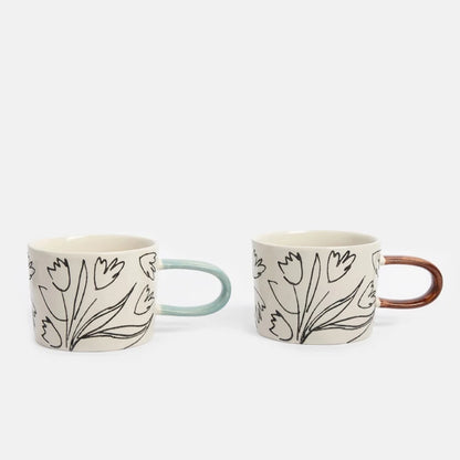 Stoneware Hand-Painted Tulip Mugs for Tea &amp; Coffee - Set of 2 - 250ml