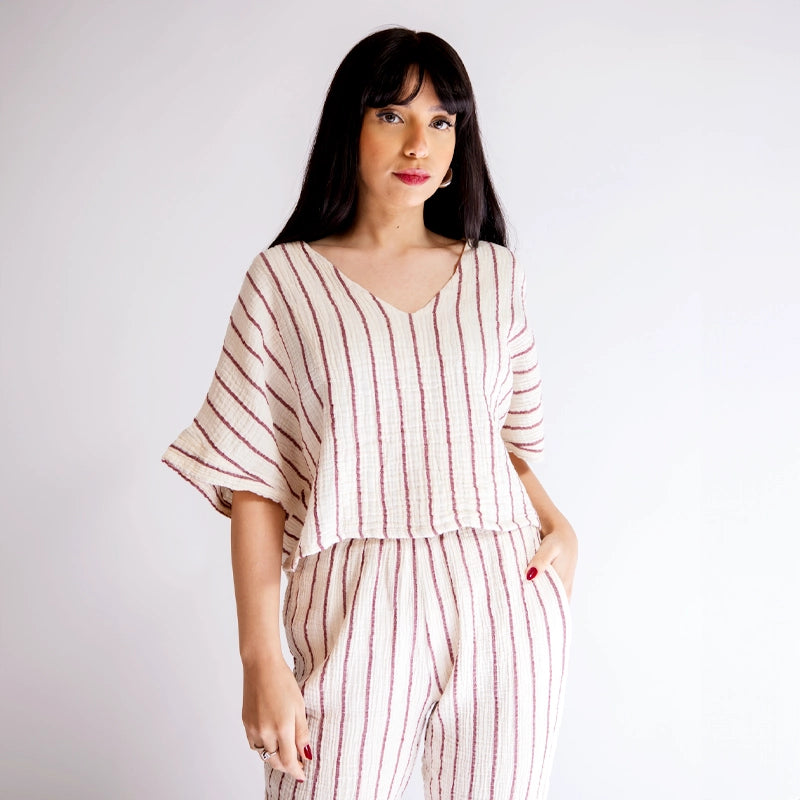 Sundown Stripe 2-Piece Cotton Set - Burgundy