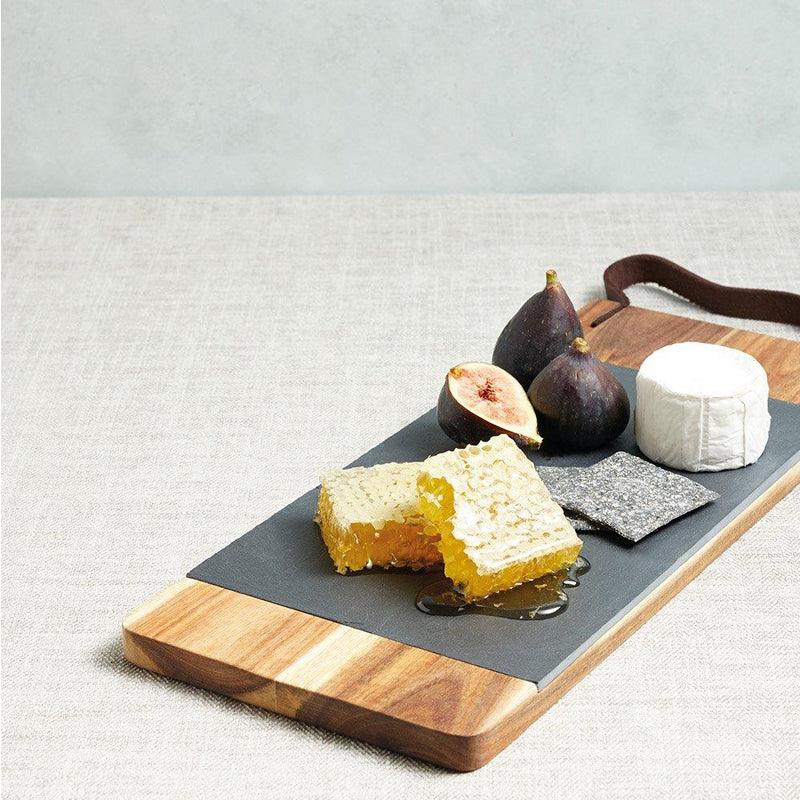 Acacia Wood &amp; Slate Serving Board With Leather Hanging Strap - Waha Lifestyle