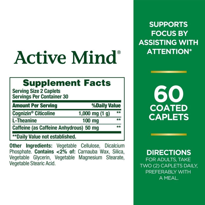 NATURES BOUNTY Active Mind Cognizin 1000mg, Caffeine with L - theanine Caplets - 60pcs - Waha Lifestyle