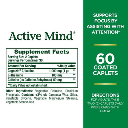 NATURES BOUNTY Active Mind Cognizin 1000mg, Caffeine with L - theanine Caplets - 60pcs - Waha Lifestyle