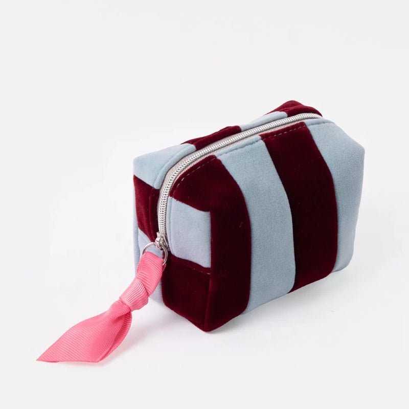 Blue &amp; Wine Stripe Velvet Mini Cube Cosmetic Bag