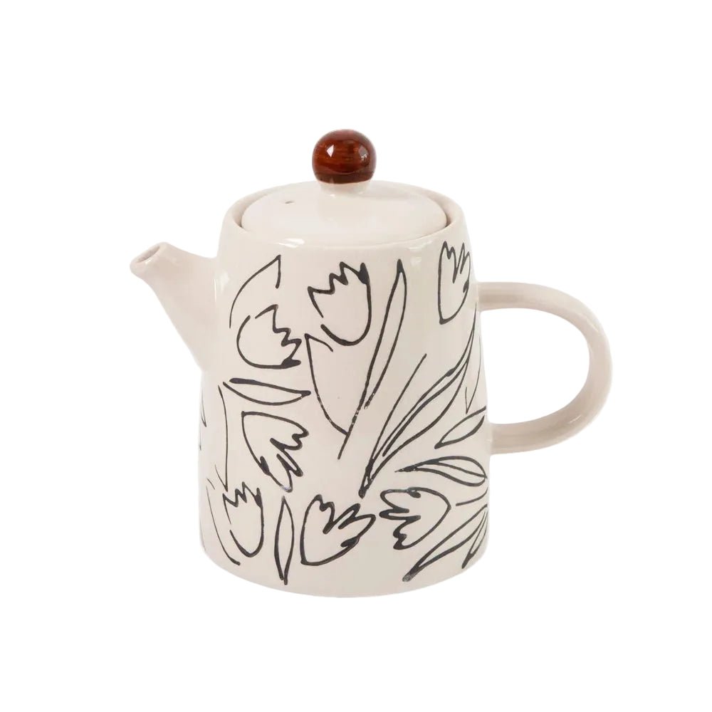 CAROLINE GARDNER Cream Stoneware Teapot with Black Tulip Design – 500ml in Kuwait - Waha Lifestyle
