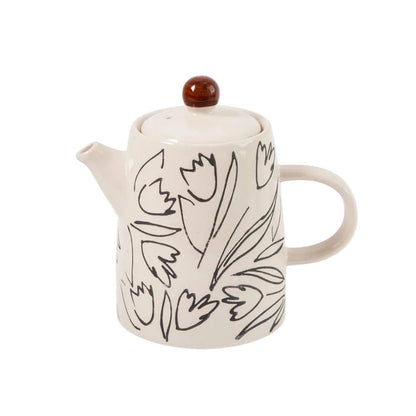 CAROLINE GARDNER Cream Stoneware Teapot with Black Tulip Design – 500ml in Kuwait - Waha Lifestyle