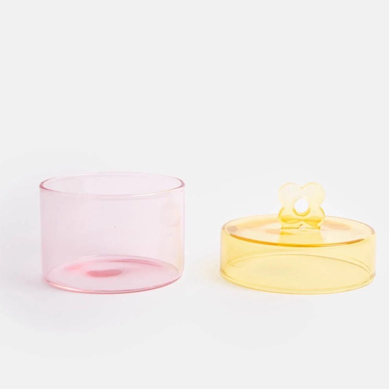 Glass Striped Storage Jar with Lid - Mustard / Pink