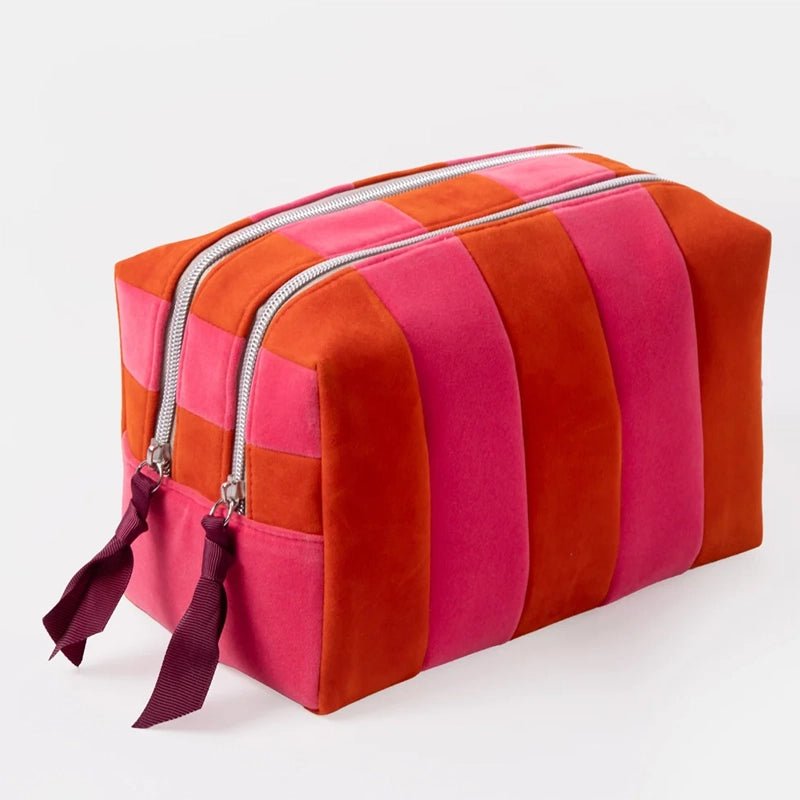 Orange &amp; Pink Stripe Velvet Large Travel Wash Bag - 2 Compartments