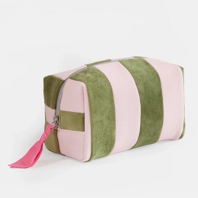 Pink &amp; Green Stripe Velvet Cube Cosmetic Bag with Inner Pocket