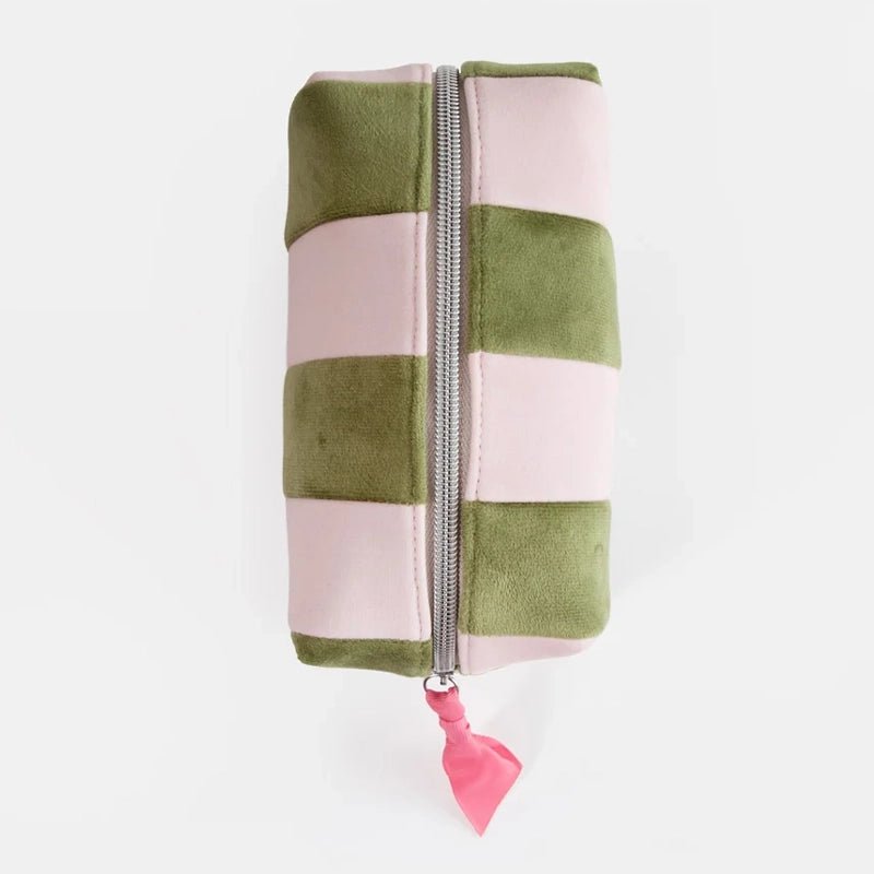 Pink &amp; Green Stripe Velvet Cube Cosmetic Bag with Inner Pocket
