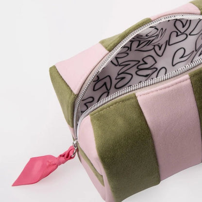 Pink &amp; Green Stripe Velvet Cube Cosmetic Bag with Inner Pocket