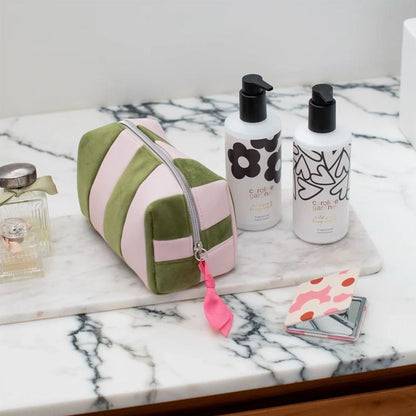 Pink &amp; Green Stripe Velvet Cube Cosmetic Bag with Inner Pocket