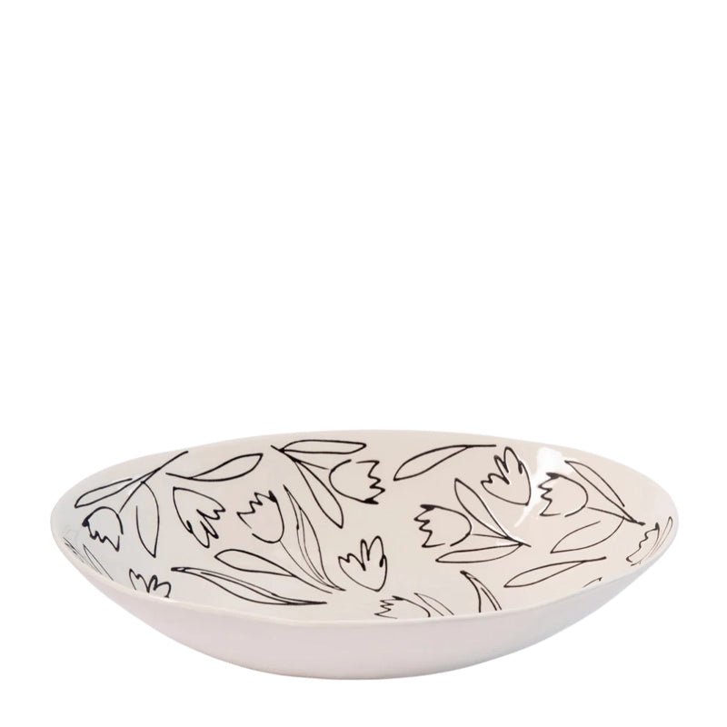 Stoneware Hand-Drawn Floral Oval Serving Dish for Salads &amp; Sides