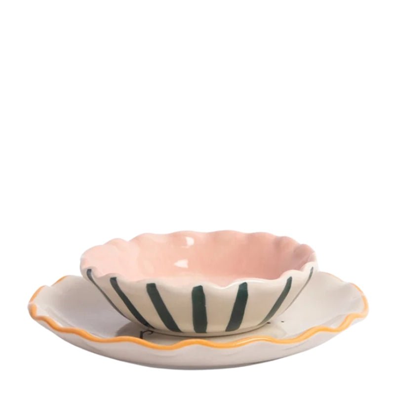 Stoneware Hand-Painted Floral Trinket Bowl &amp; Plate Set