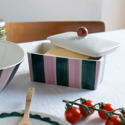 Stoneware Hand-Painted Striped Butter Dish with Lid