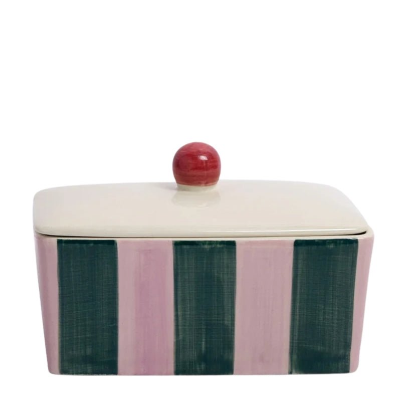 Stoneware Hand-Painted Striped Butter Dish with Lid