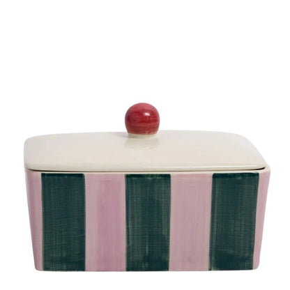 Stoneware Hand-Painted Striped Butter Dish with Lid