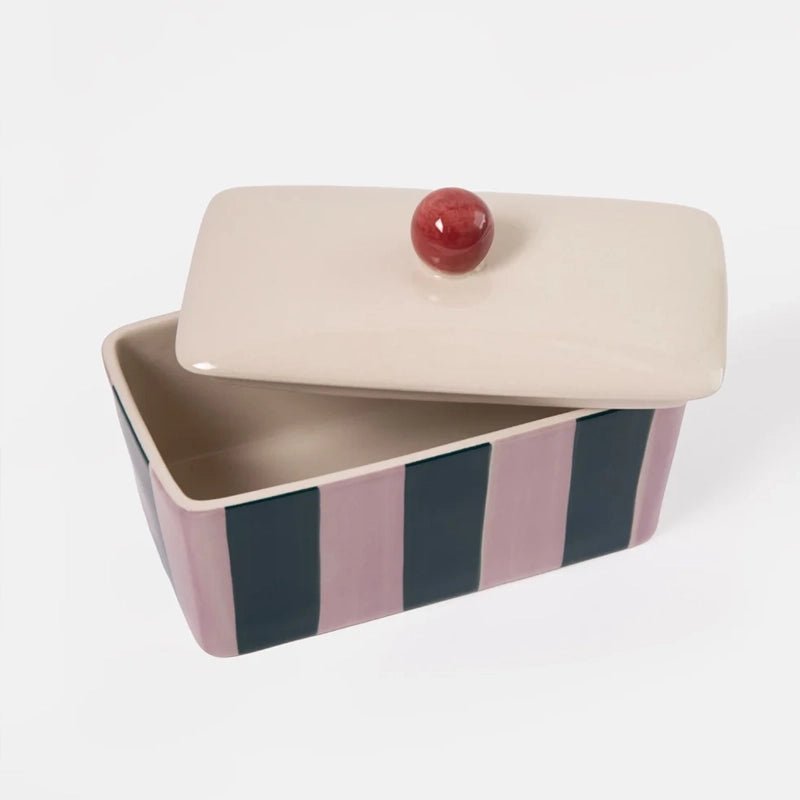 Stoneware Hand-Painted Striped Butter Dish with Lid