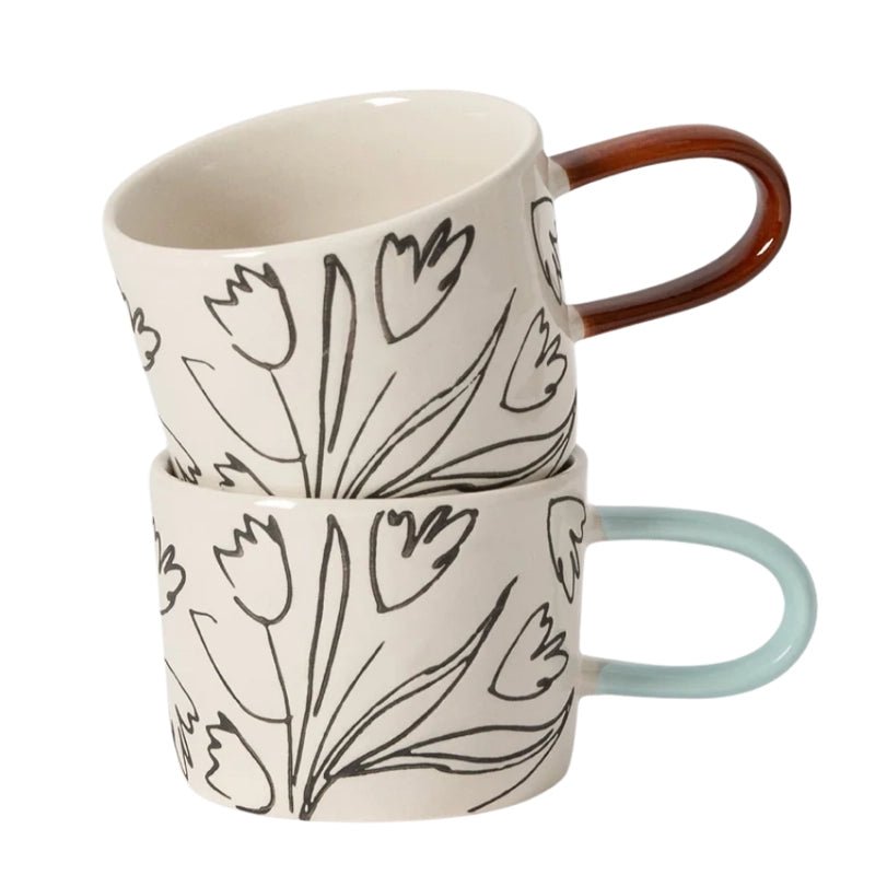 Stoneware Hand-Painted Tulip Mugs for Tea &amp; Coffee - Set of 2 - 250ml