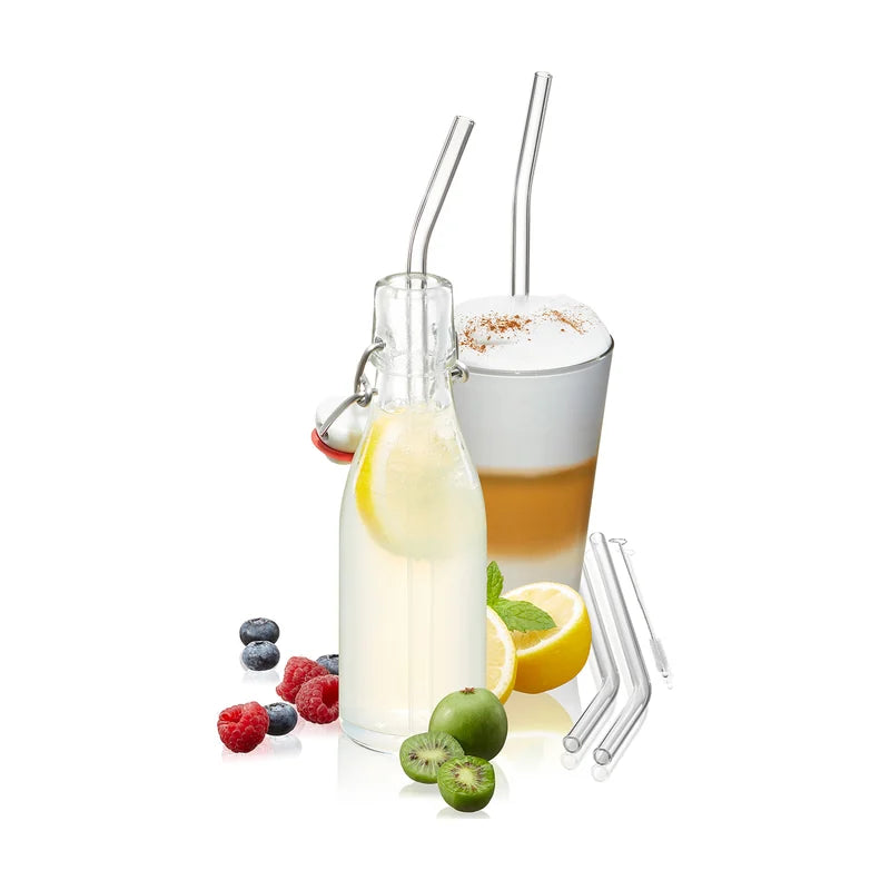 Reusable Bent Glass Drinking Straws with Cleaning Brush - 23cm, Set of 4