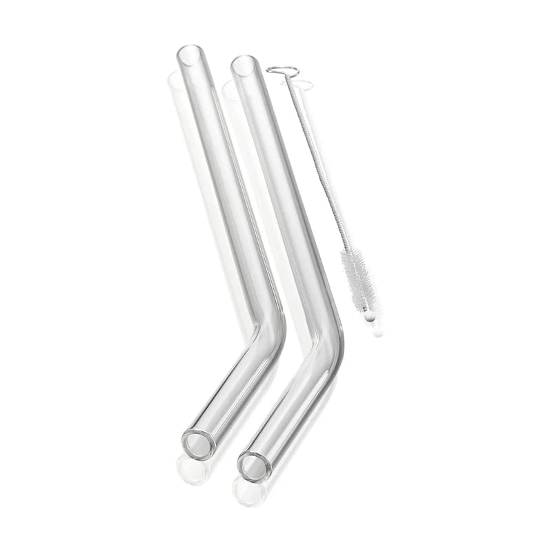Reusable Bent Glass Drinking Straws with Cleaning Brush - 23cm, Set of 4