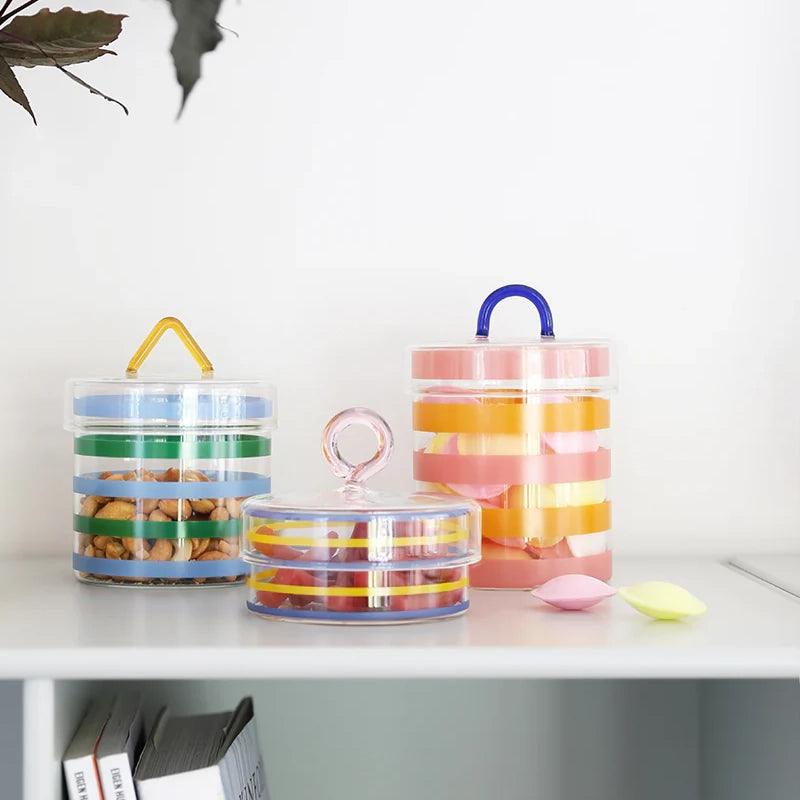 Glass Striped Storage Jar with Lid - Mustard / Pink - Waha Lifestyle