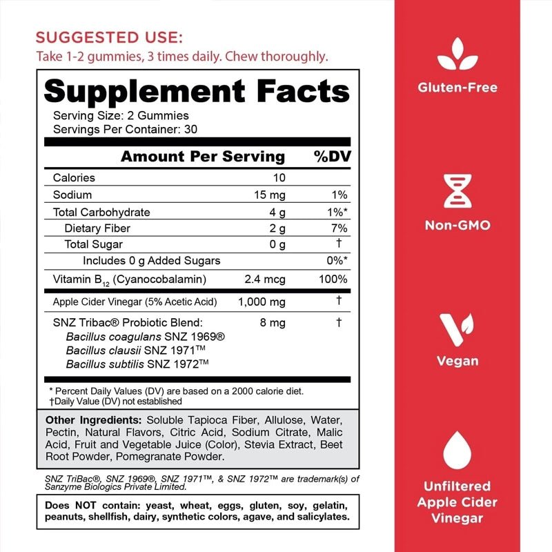 Zero Sugar Apple Cider Vinegar Vegan Gummies - 60pcs