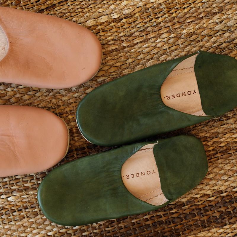 Handmade Babouche Leather Slippers - Olive - Waha Lifestyle