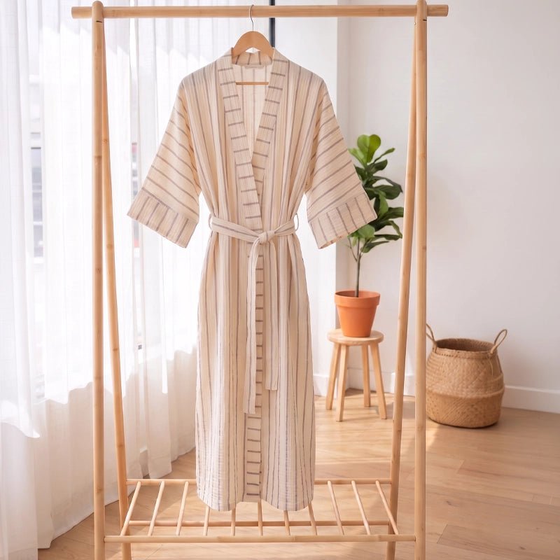 Ada Crinkle Cotton Striped Kimono with Belt - Copper