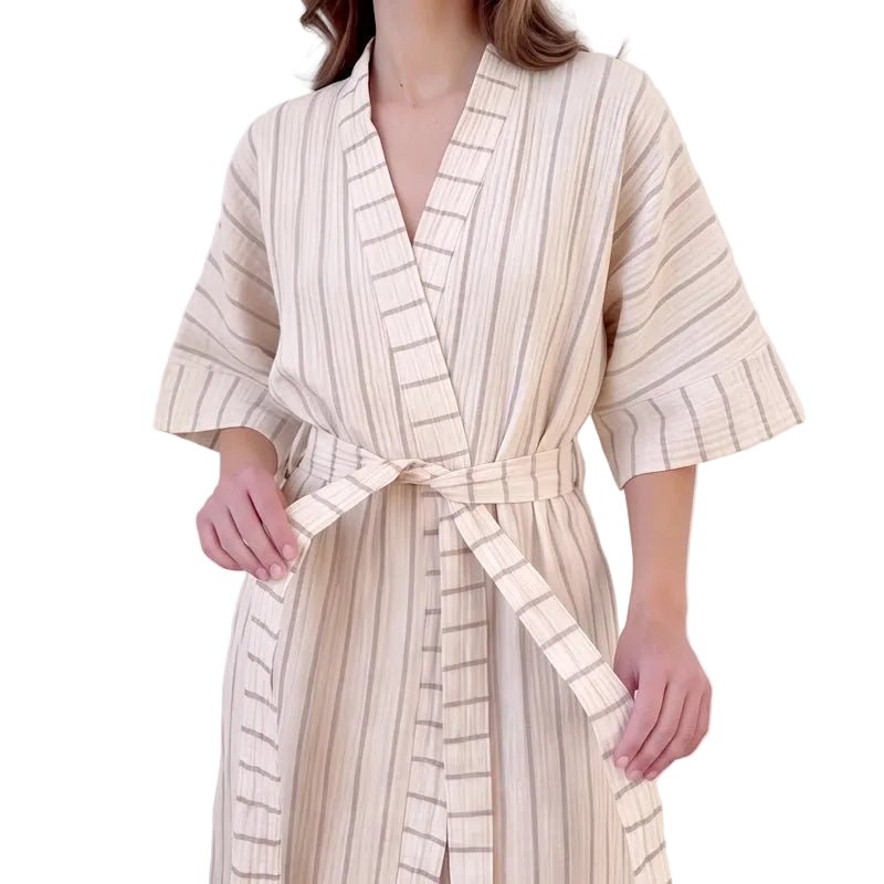 Ada Crinkle Cotton Striped Kimono with Belt - Copper