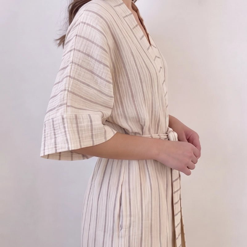 Ada Crinkle Cotton Striped Kimono with Belt - Copper