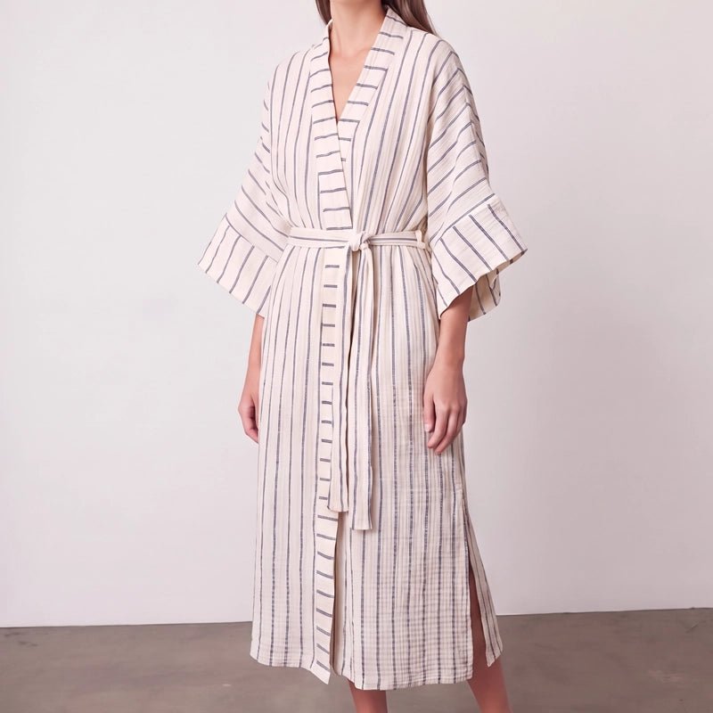 Ada Crinkle Cotton Striped Kimono with Belt - Navy Blue